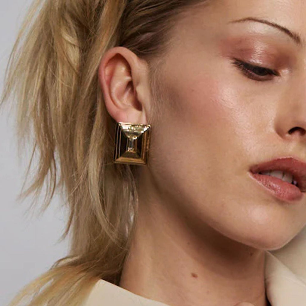 18k gold rectangular inlaid gemstone with concave pattern design exquisite and noble earrings Vera Lux