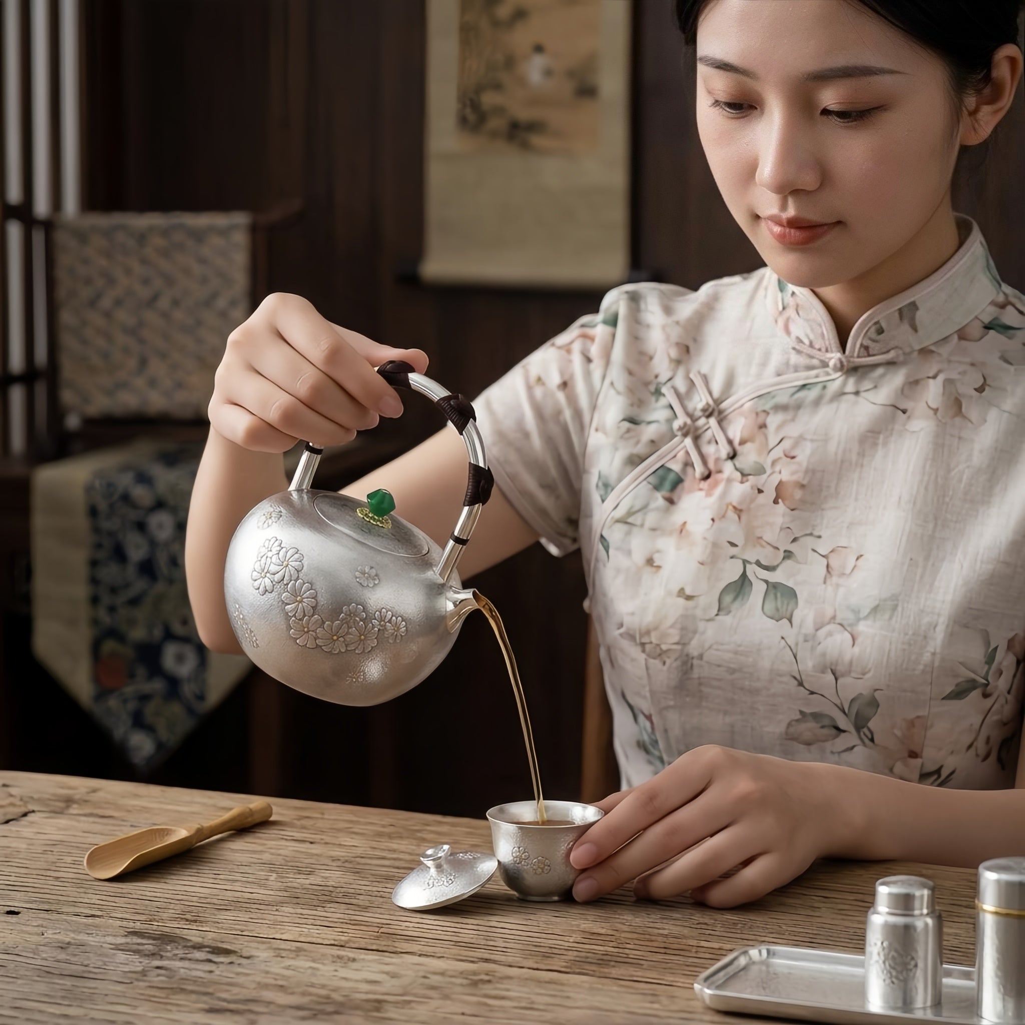 Pure 999 Fine Silver Handcrafted Sterling Silver Teapot with Floral Reliefs and Green Gemstone Knob - Handicraft Vera Lux