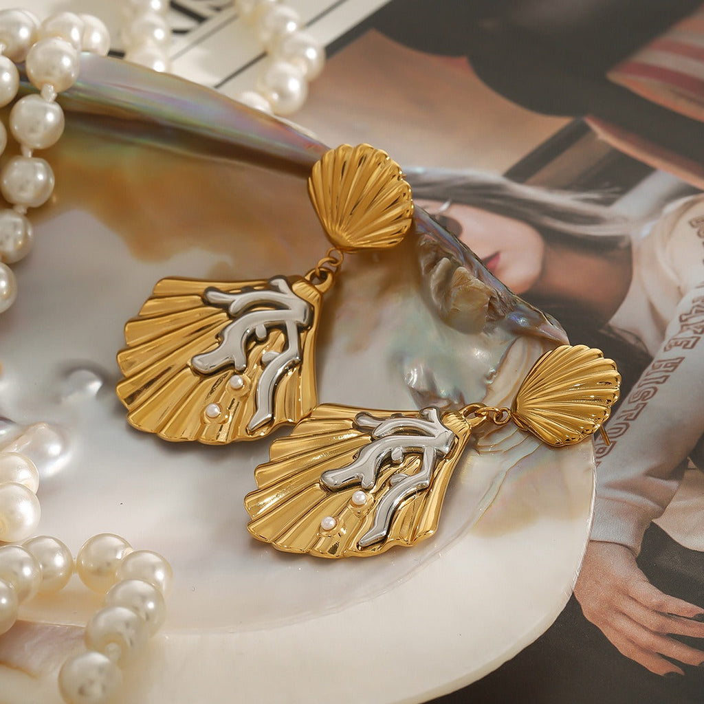 18K gold shell inlaid pearl exquisite design unique earrings Vera Lux