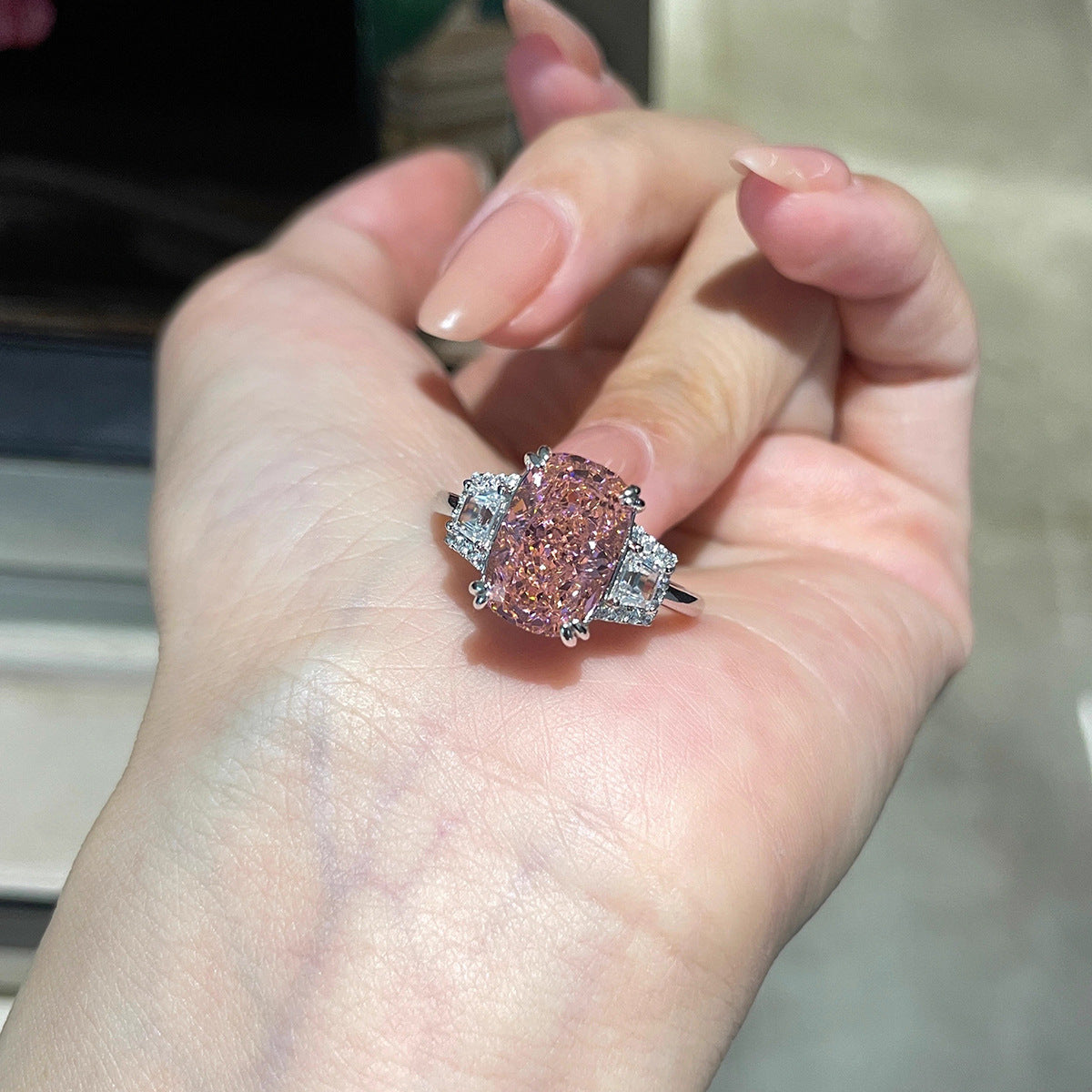 Luxury Heavy Craftsmanship Simulated Diamond Ring, Large Carat Ice Flower Cut Elongated Cushion High Carbon Diamond Ring For Women Vera Lux