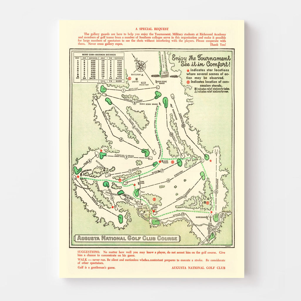 Vintage Map of Augusta National Golf Course, 1954 Teds Vintage Art
