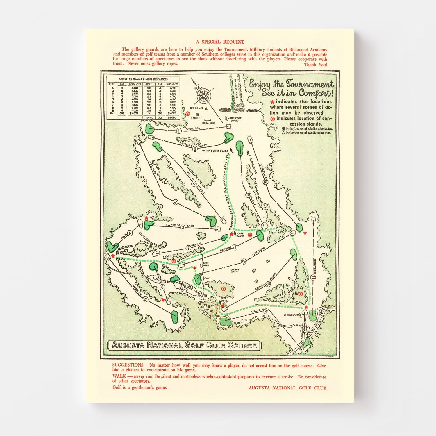 Vintage Map of Augusta National Golf Course, 1954 Teds Vintage Art