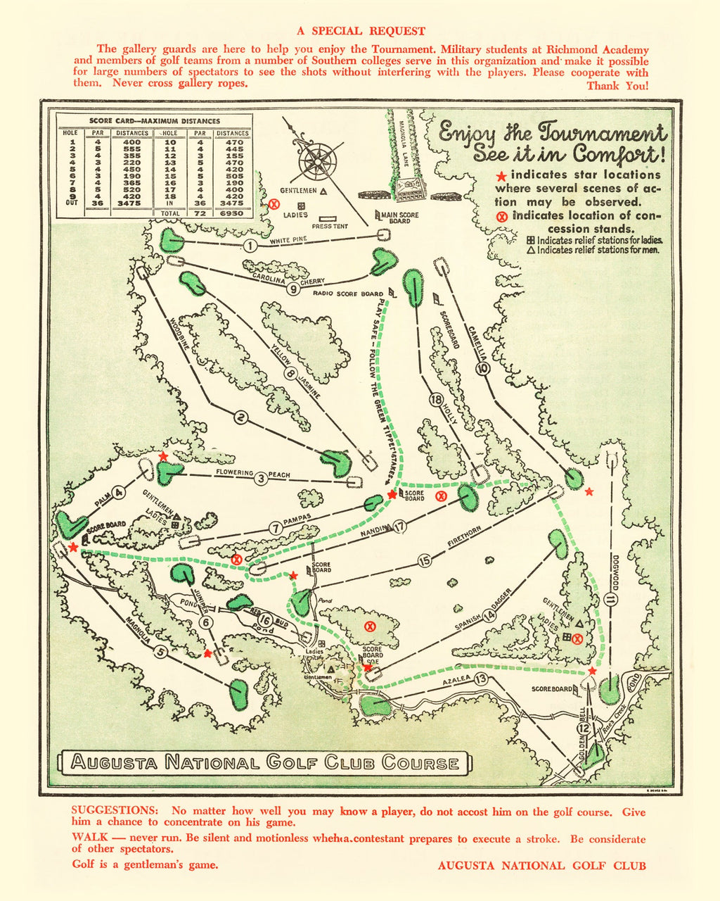 Vintage Map of Augusta National Golf Course, 1954 Teds Vintage Art