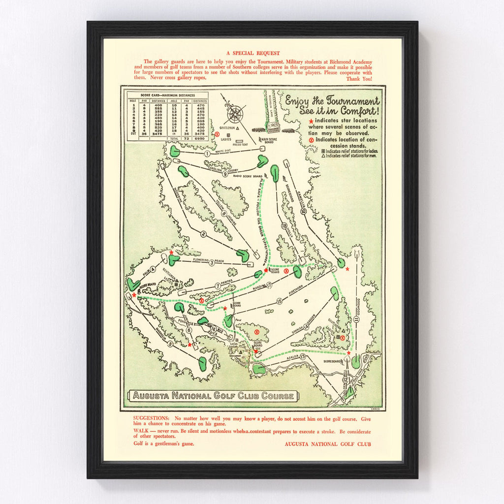 Vintage Map of Augusta National Golf Course, 1954 Teds Vintage Art