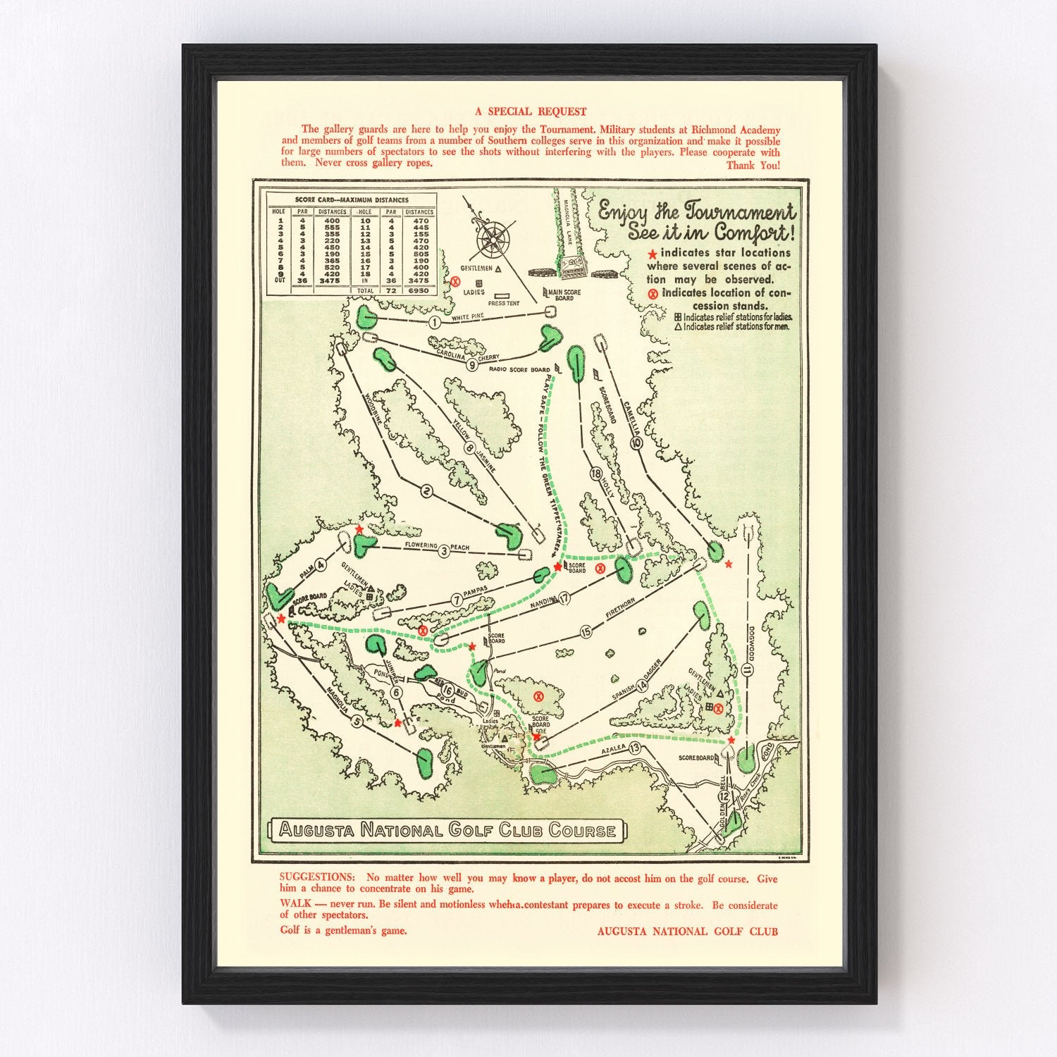 Vintage Map of Augusta National Golf Course, 1954 Teds Vintage Art