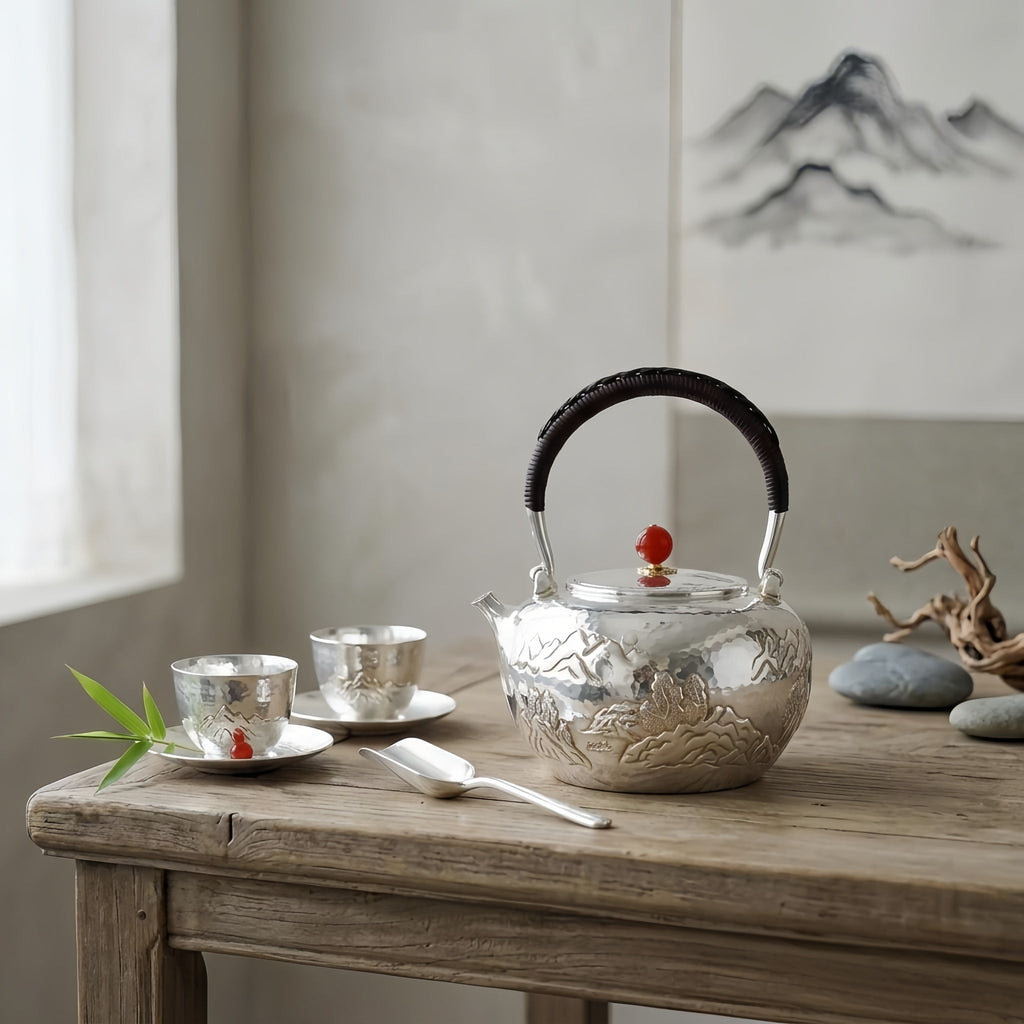 Pure 999 Fine Silver Exquisite Hand-Carved Silver Teapot with Mountain Landscape and Red Stone Finial - Handicraft Vera Lux