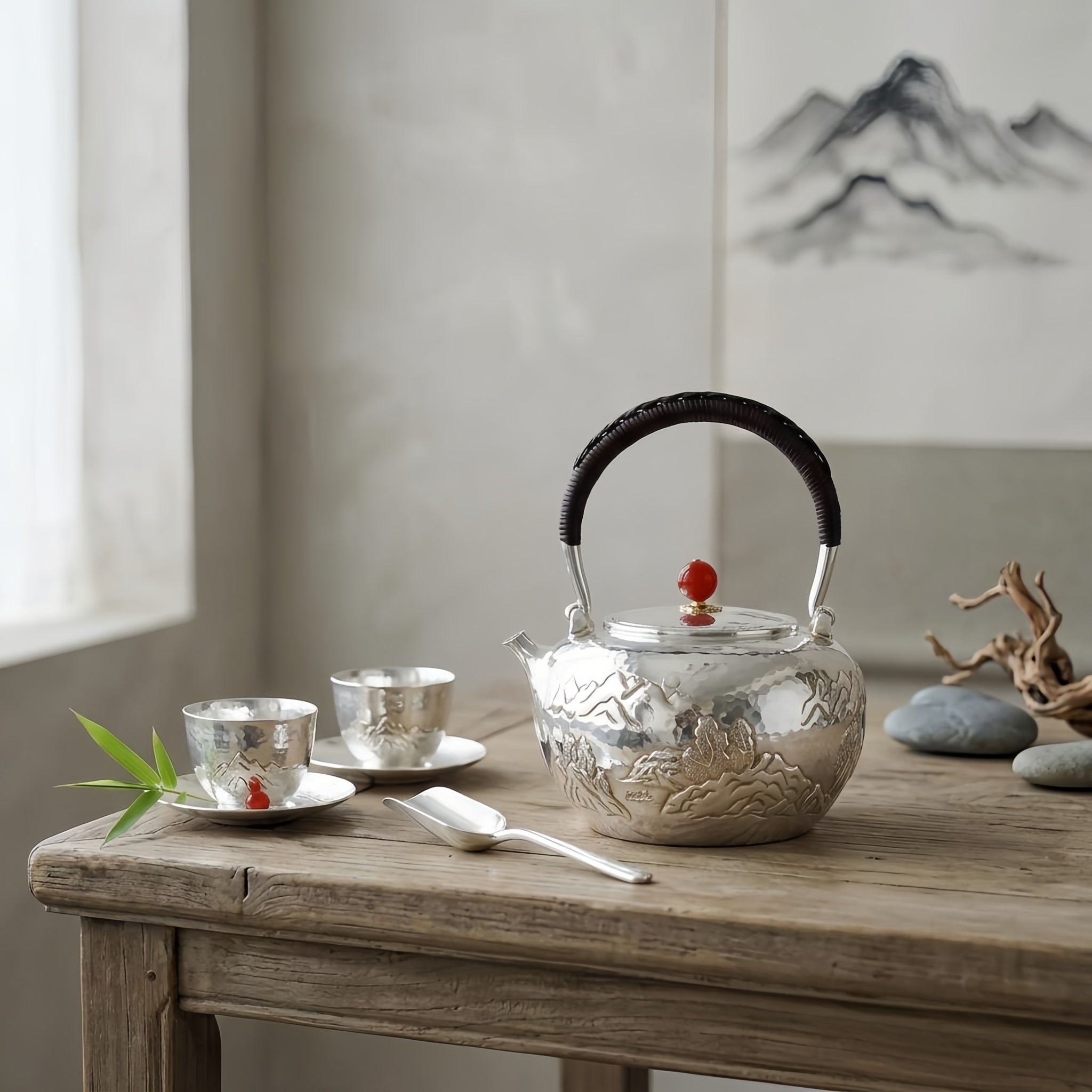 Pure 999 Fine Silver Exquisite Hand-Carved Silver Teapot with Mountain Landscape and Red Stone Finial - Handicraft Vera Lux