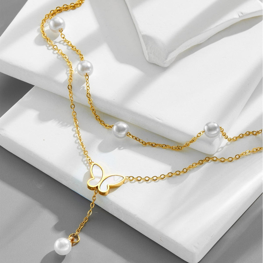 18k gold light luxury multi-layer stacked pearl butterfly tassel anklet Vera Lux