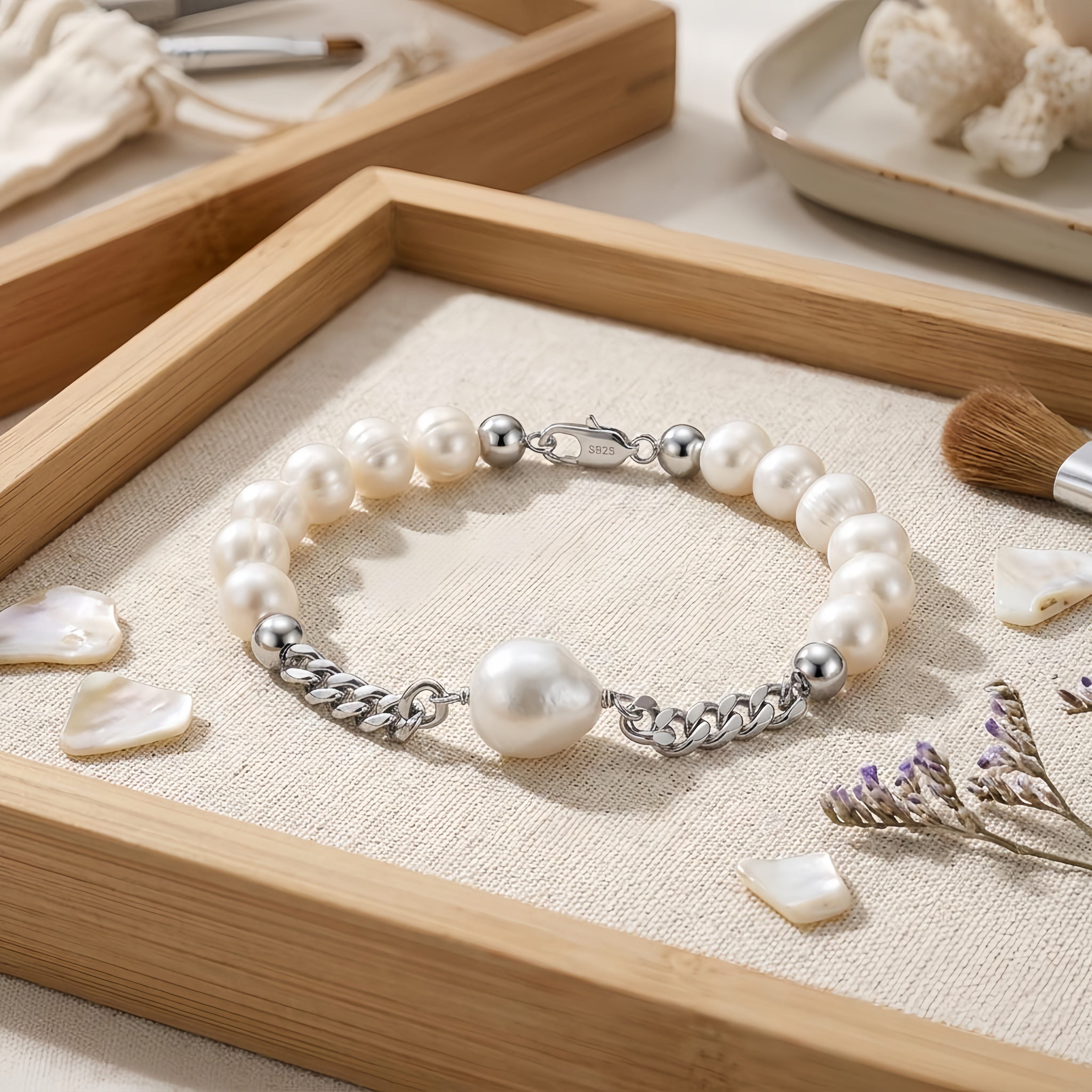 925 Sterling Silver Elegant Pearl and Sterling  Chain Bracelet with Teardrop Accent Vera Lux