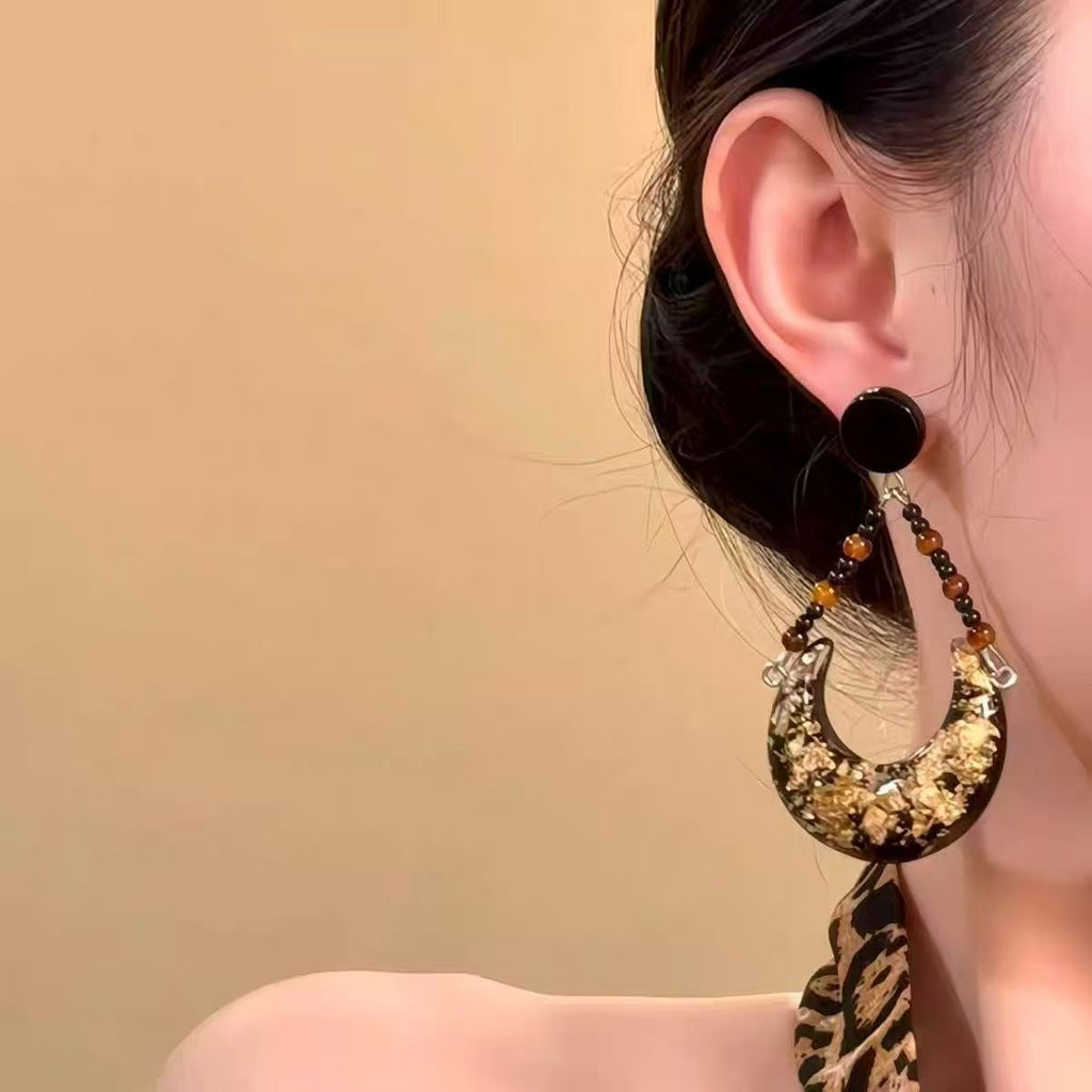 Retro Black & Gold Moon Beaded Stud Earrings, Hong Kong Style Niche High-end Jewelry Vera Lux