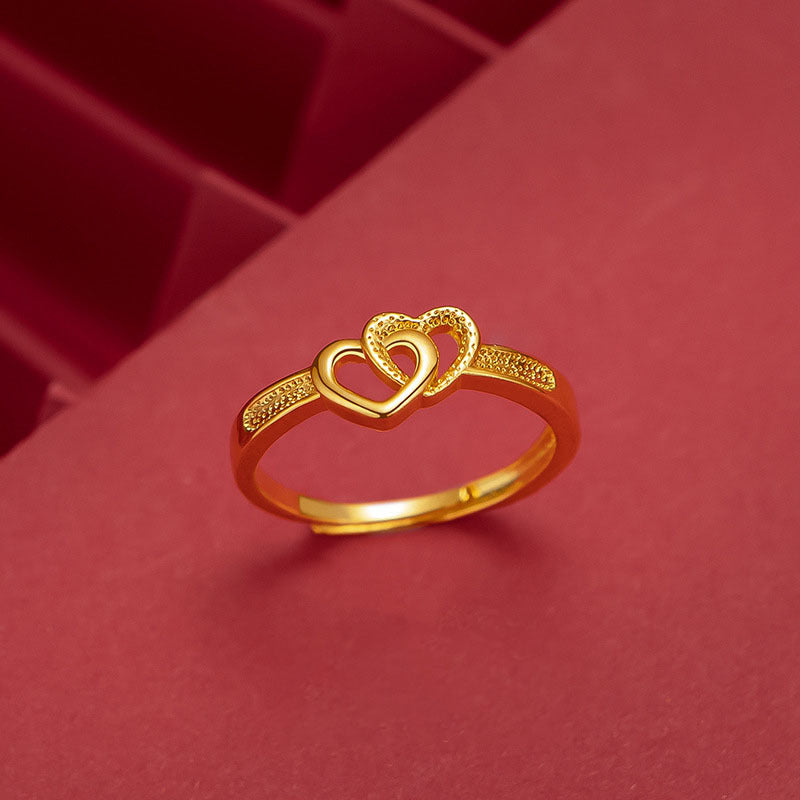 Vietnamese Sand Gold Plated Double Heart Ring For Women, Japanese & Korean Fashion Adjustable Open Love Ring Vera Lux