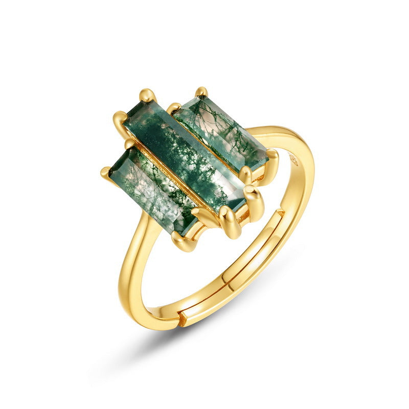 Statement Bold Natural Green Moss Agate Index Finger S925 Silver-Inlaid Aquamarine Agate Ring Vera Lux