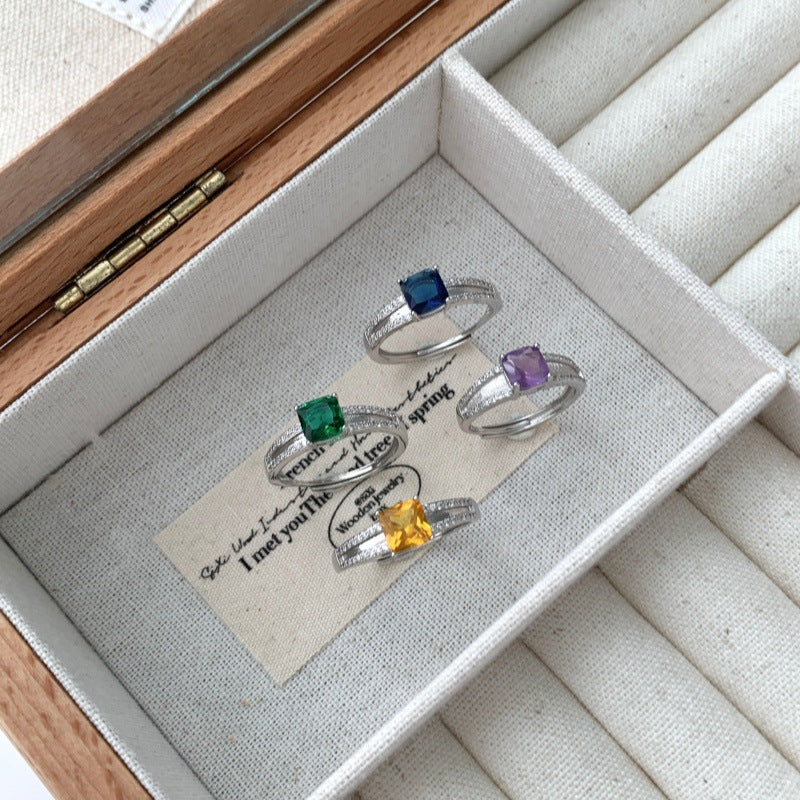 Luxury Multicolor Gemstone Ring For Women, Natural Amethyst Square Band, Micro-set Zircon High-end Style Vera Lux