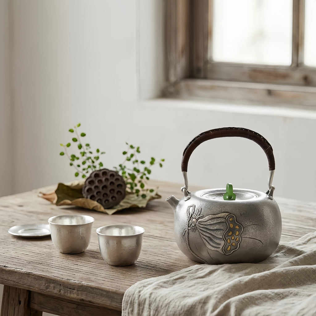 Pure 999 Fine Silver Handmade Silver Teapot with Lotus Seed Pod Motif and Woven Rattan Handle - Handicraft Vera Lux