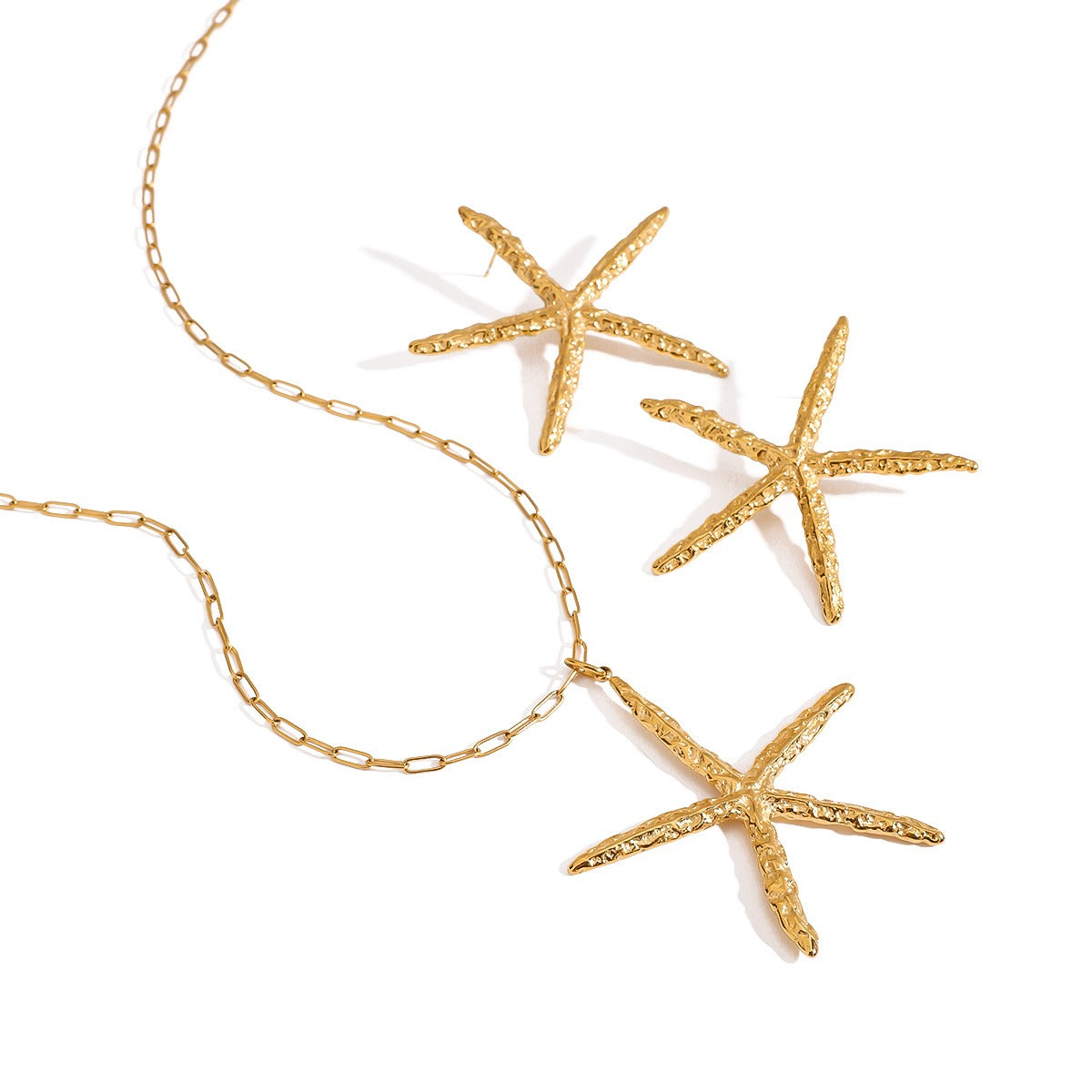 18K Gold Starfish with Textured Design Classic Fashion Necklace and Earrings Set Vera Lux