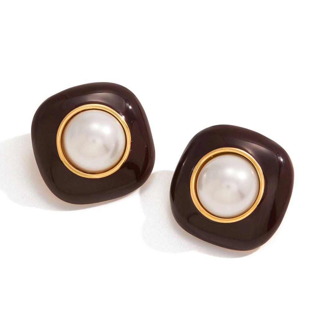 18K gold-plated titanium steel stud earrings with enamel and pearls. Vera Lux