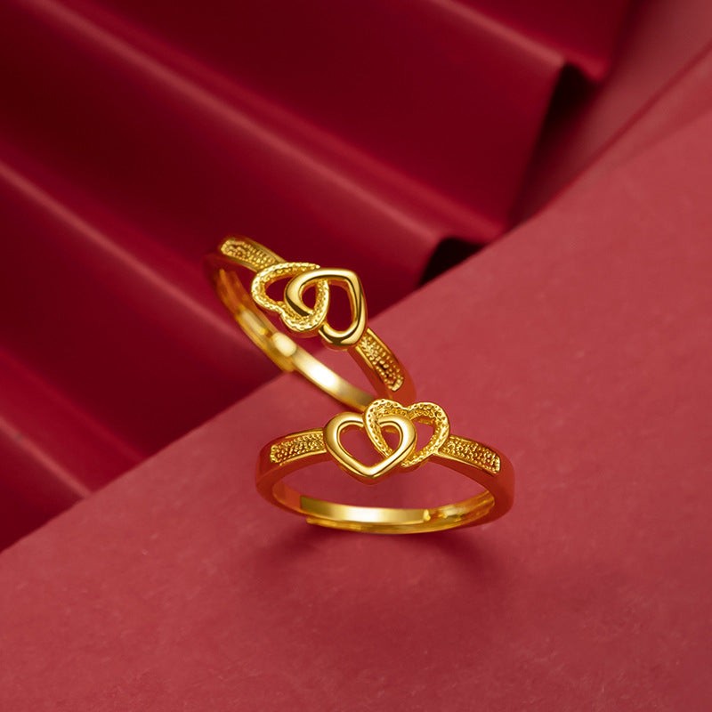 Vietnamese Sand Gold Plated Double Heart Ring For Women, Japanese & Korean Fashion Adjustable Open Love Ring Vera Lux