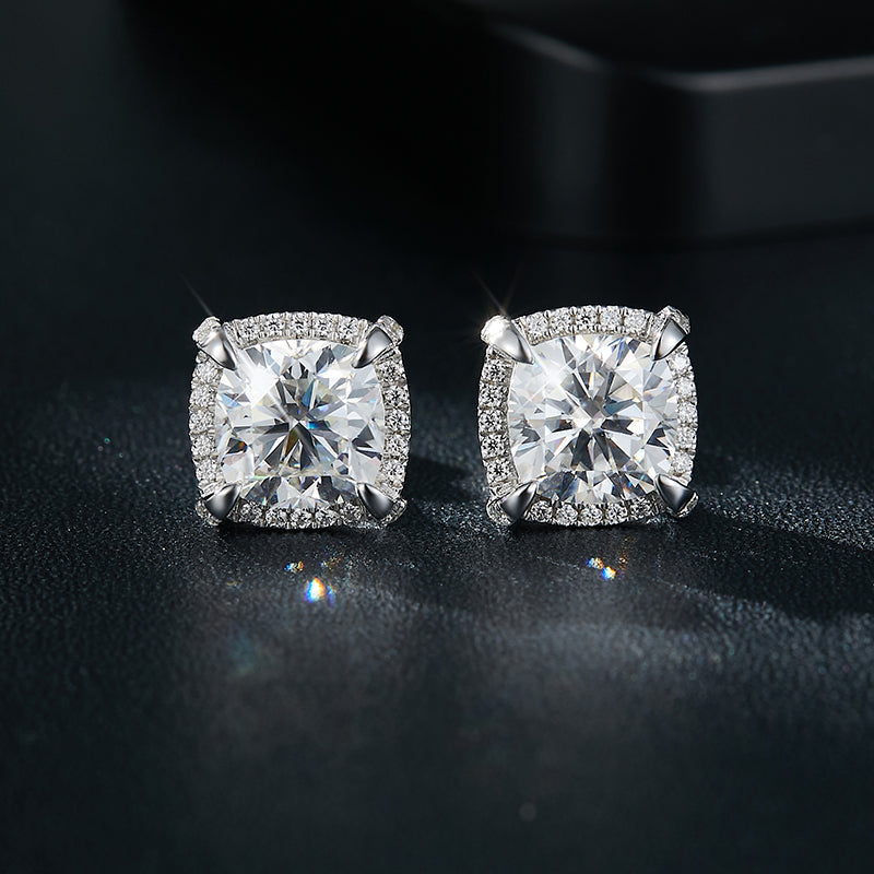 S925 Sterling Silver 8x8mm Cushion Cut Moissanite Stud Earrings  Platinum Plated Halo Setting With GRA Certificate Luxury Jewelry Gift Box Set For Women Vera Lux