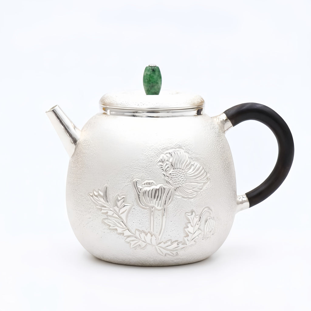 925 Sterling Silver Elegant  Teapot with Floral Engraving and Emerald Gemstone-exquisite handmade teapot - Handicraft Vera Lux