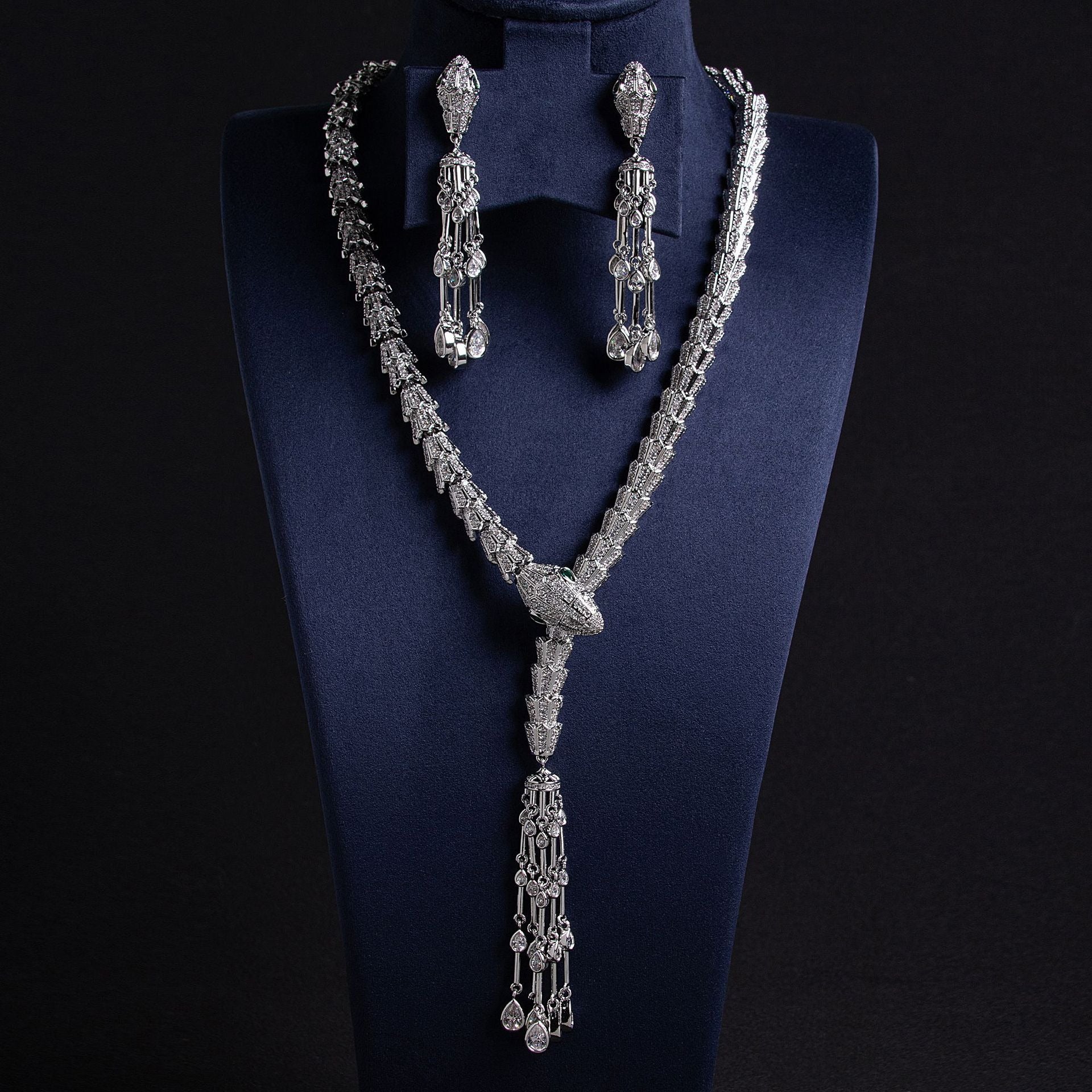 Serpentine Tassel Necklace with Diamonds and Zirconia Vera Lux