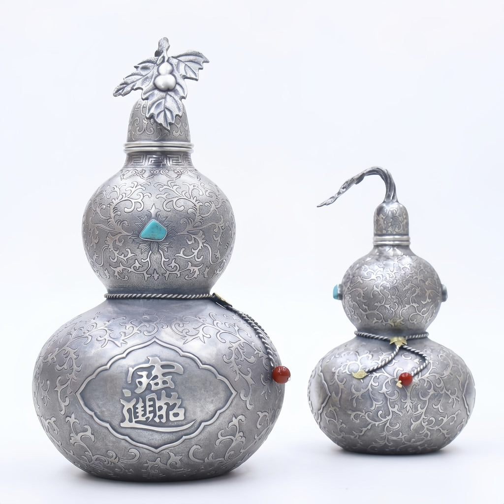 Pure 999 Fine Silver Ornate Silver-Tone Gourd Containers with Turquoise and Traditional Chinese Prosperity Engravings - Handicraft Vera Lux