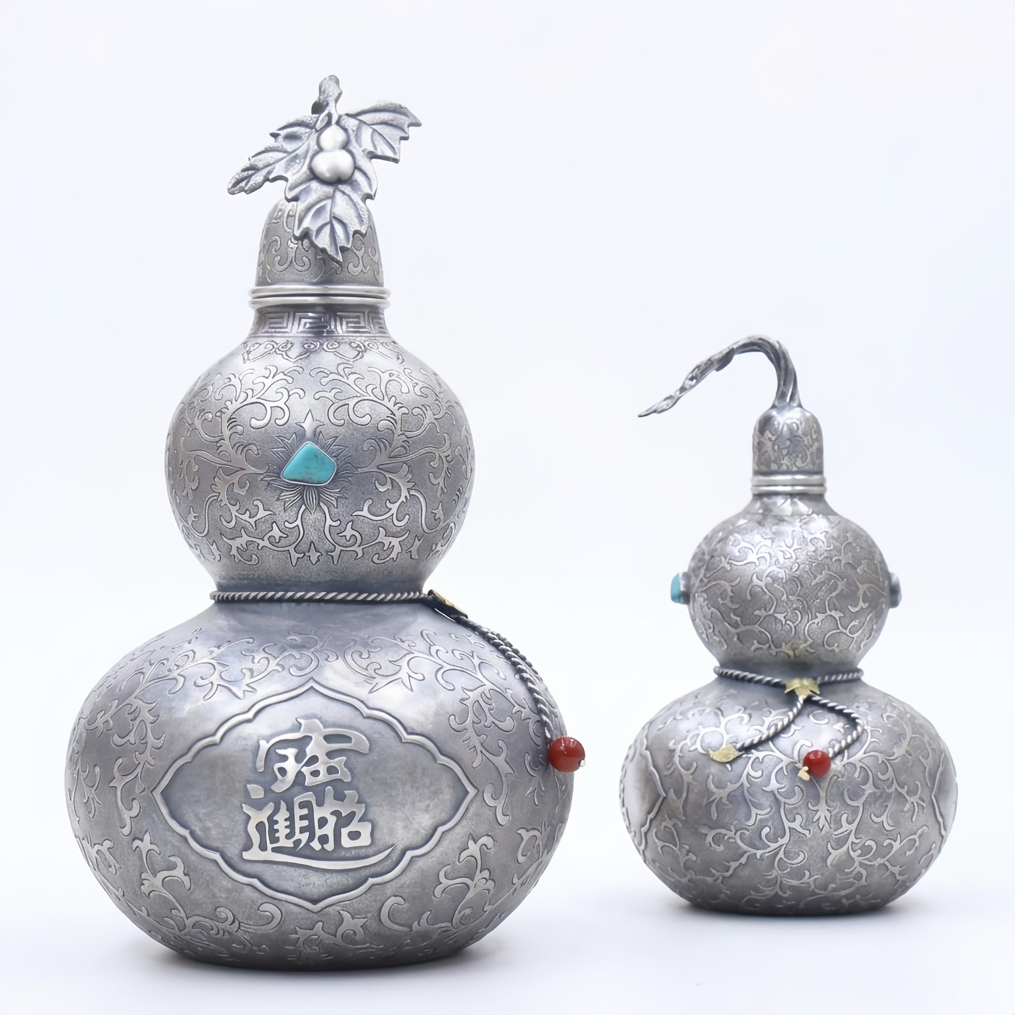 Pure 999 Fine Silver Ornate Silver-Tone Gourd Containers with Turquoise and Traditional Chinese Prosperity Engravings - Handicraft Vera Lux