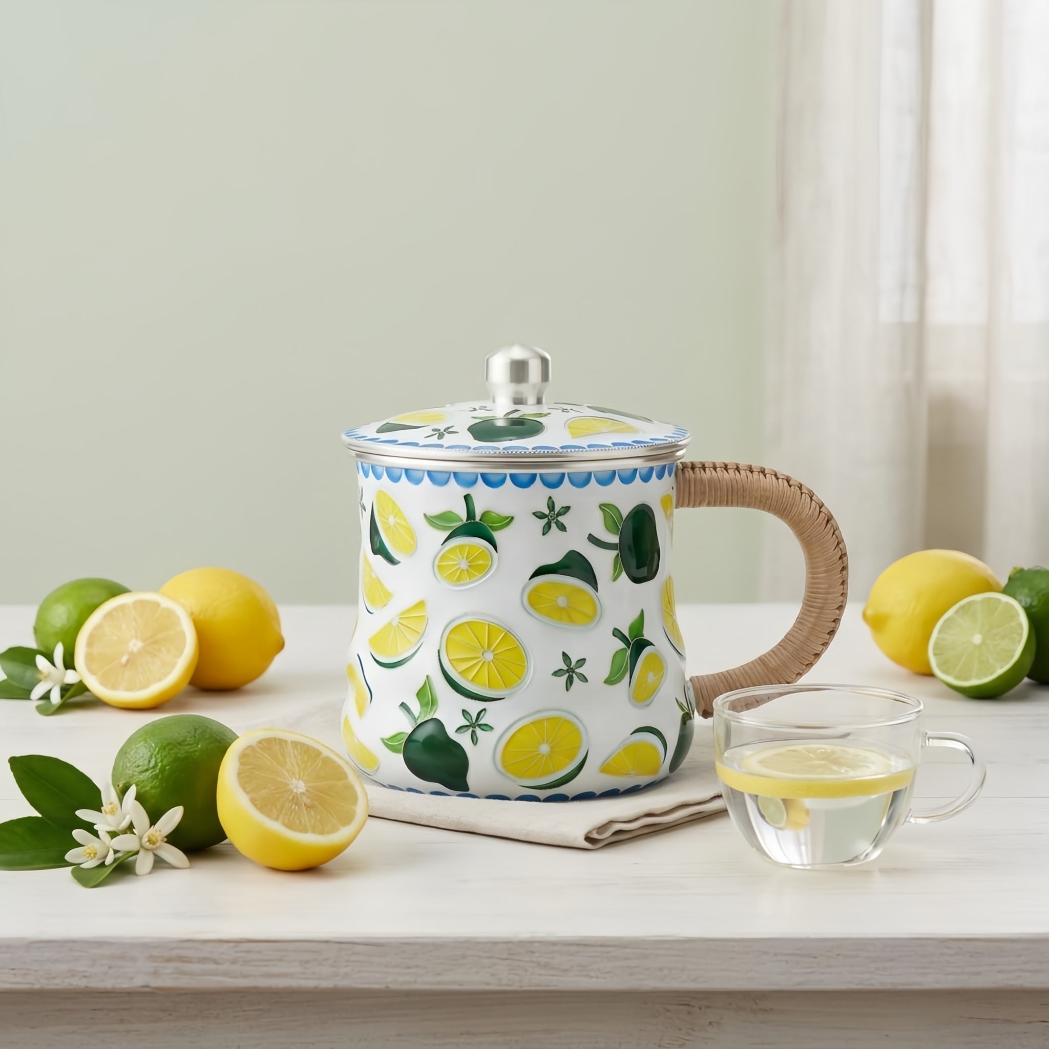 Pure 999 Fine Silver Vibrant Citrus Print Enamel Mug with Natural Wicker Handle and Lid - Handicraft Vera Lux