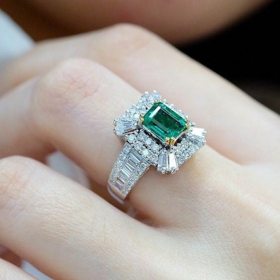 Square Princess Ring With Simulated Emerald Zircon, Micro Pave Full Stone Engagement Band Vera Lux