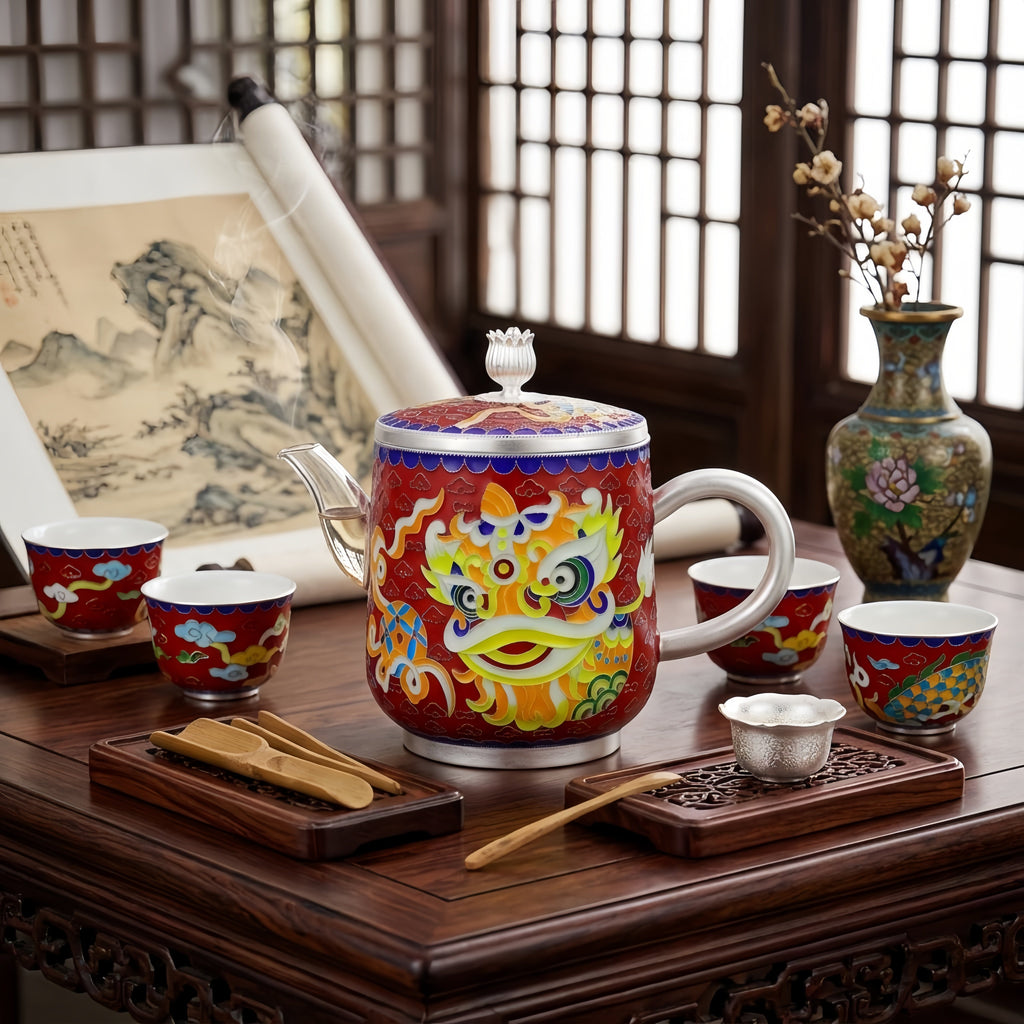 925 Sterling Silver Chinese Lion Dance Themed Ceramic Mug with  Accents-Premium Indigo Tea Mug - Handicraft Vera Lux