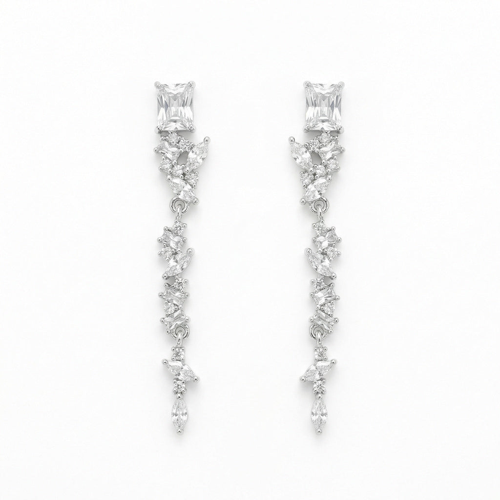 925 Sterling Silver Elegant Silver Crystal Dangle Earrings with Marquise and Radiant Cut Stones for Bridal Wear Vera Lux