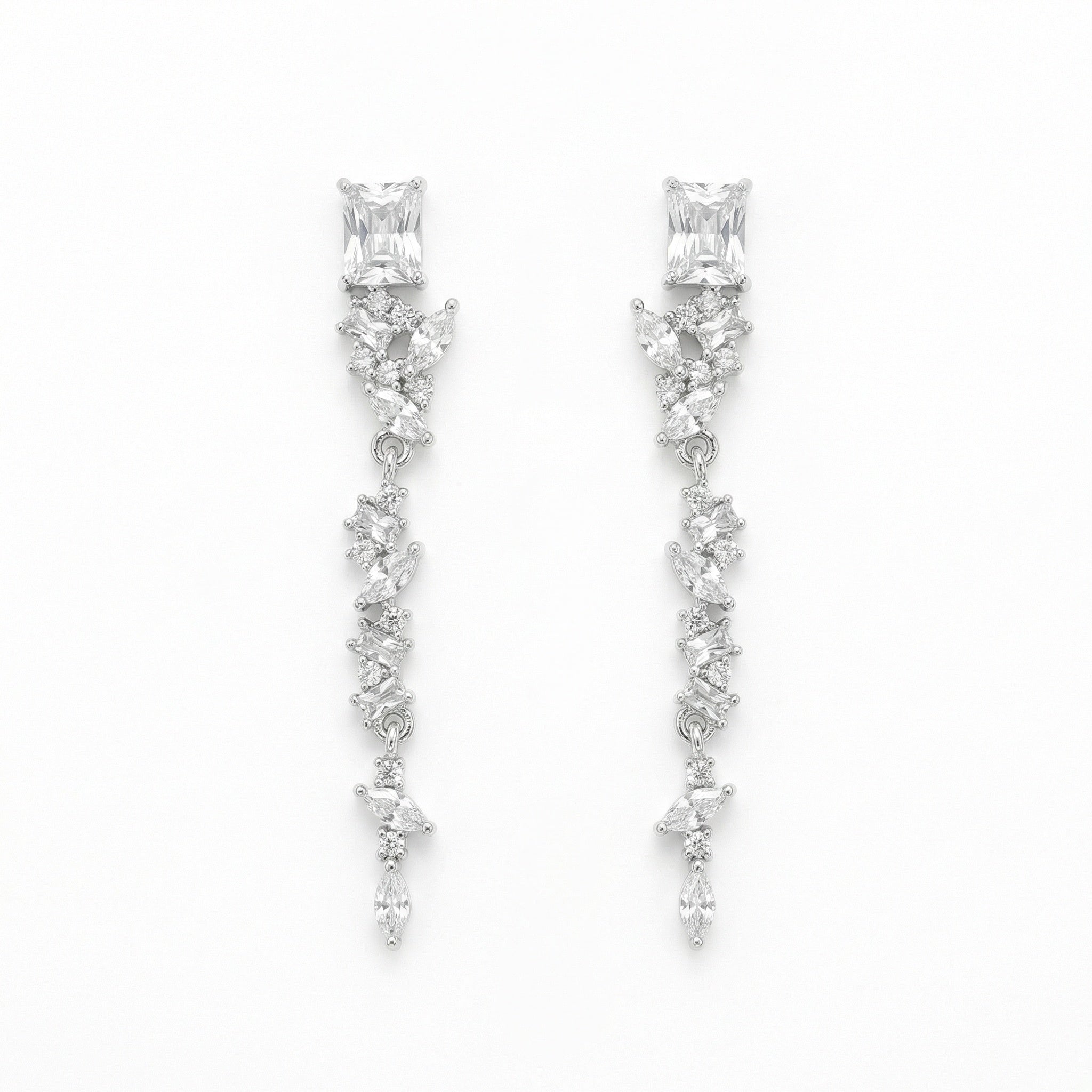 925 Sterling Silver Elegant Silver Crystal Dangle Earrings with Marquise and Radiant Cut Stones for Bridal Wear Vera Lux