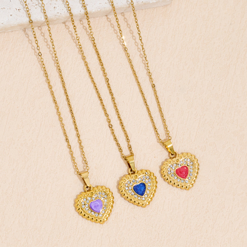 Stainless Steel Heart-shaped Drop-oil Inlaid Rhinestone Pendant Necklace Vera Lux