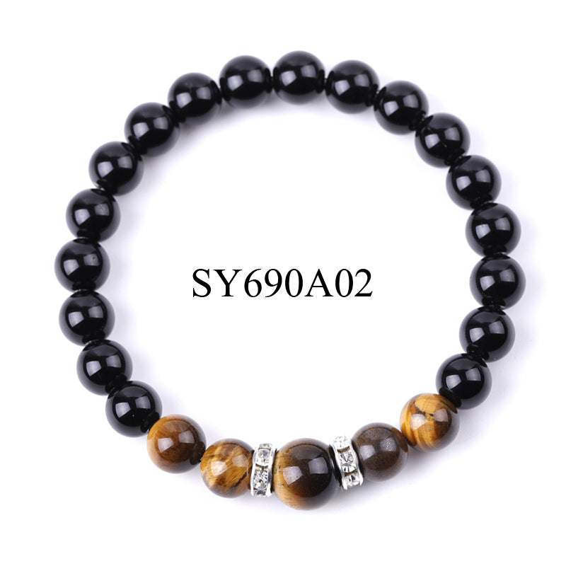 8 Mm 10mm Tigers Eye And Glossy Black Stone Micro-Inlaid Diamond Bracelet Vera Lux