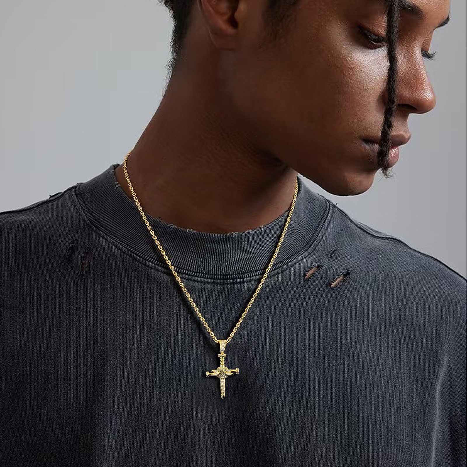 Full-Zircon Nail Cross Pendant Hip-Hop Vintage Punk Cross Necklace Vera Lux