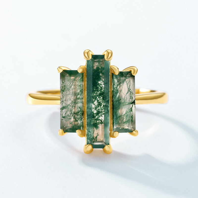 Statement Bold Natural Green Moss Agate Index Finger S925 Silver-Inlaid Aquamarine Agate Ring Vera Lux