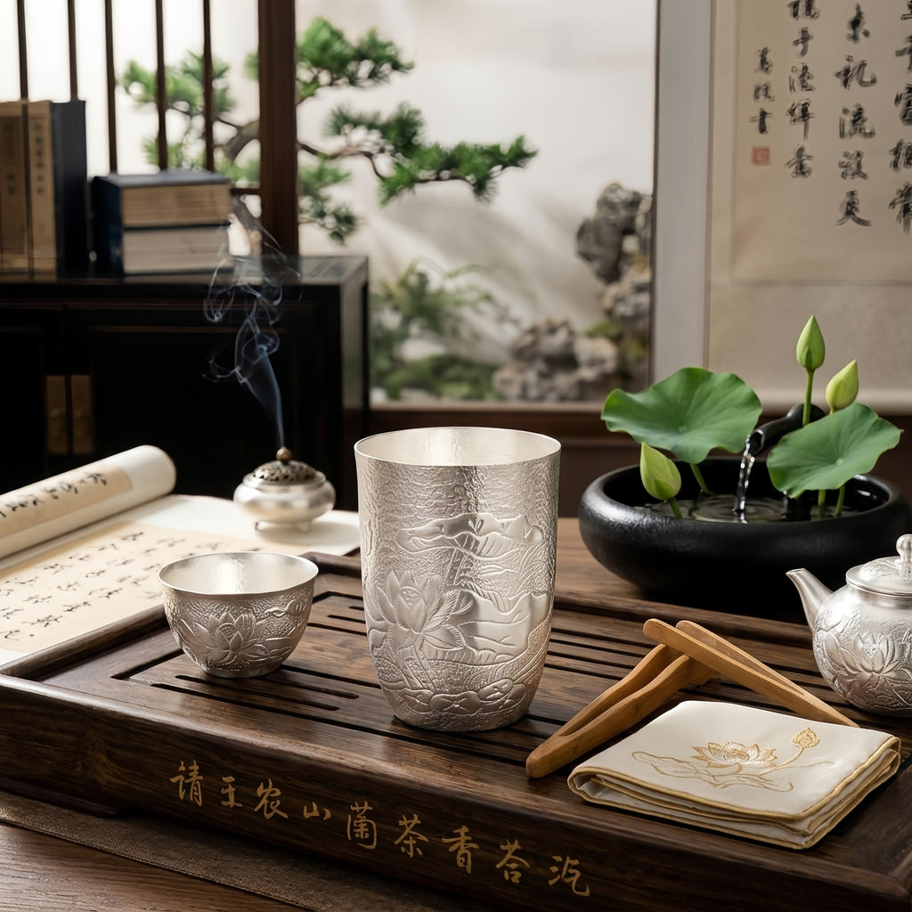 Pure 999 Fine Silver Exquisite Hand-Hammered Silver Tumbler with Intricate Lotus Relief Carvings - Handicraft Vera Lux