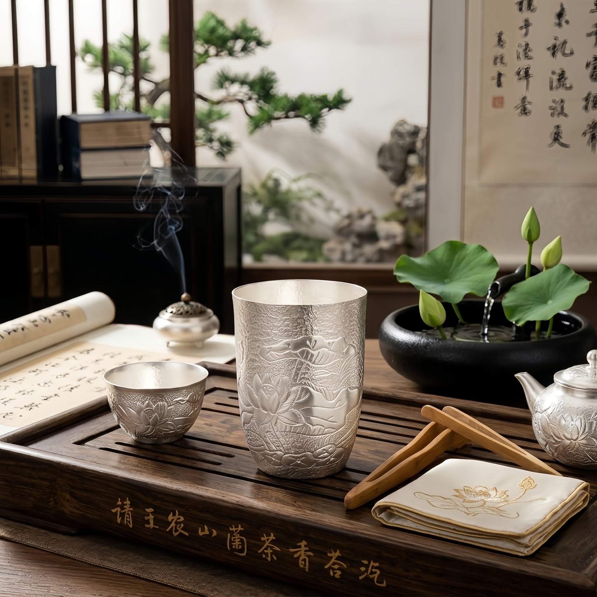 Pure 999 Fine Silver Exquisite Hand-Hammered Silver Tumbler with Intricate Lotus Relief Carvings - Handicraft Vera Lux