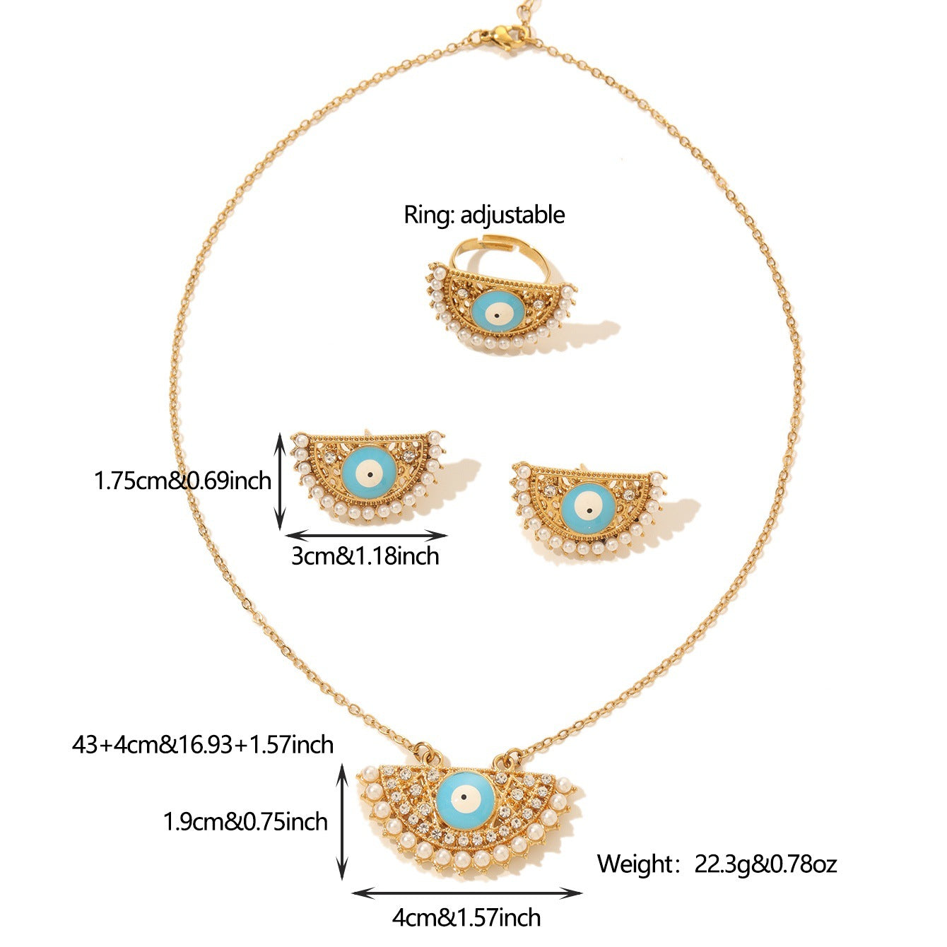 Turkish Evil Eye Necklace, Earrings and Ring Set Vera Lux