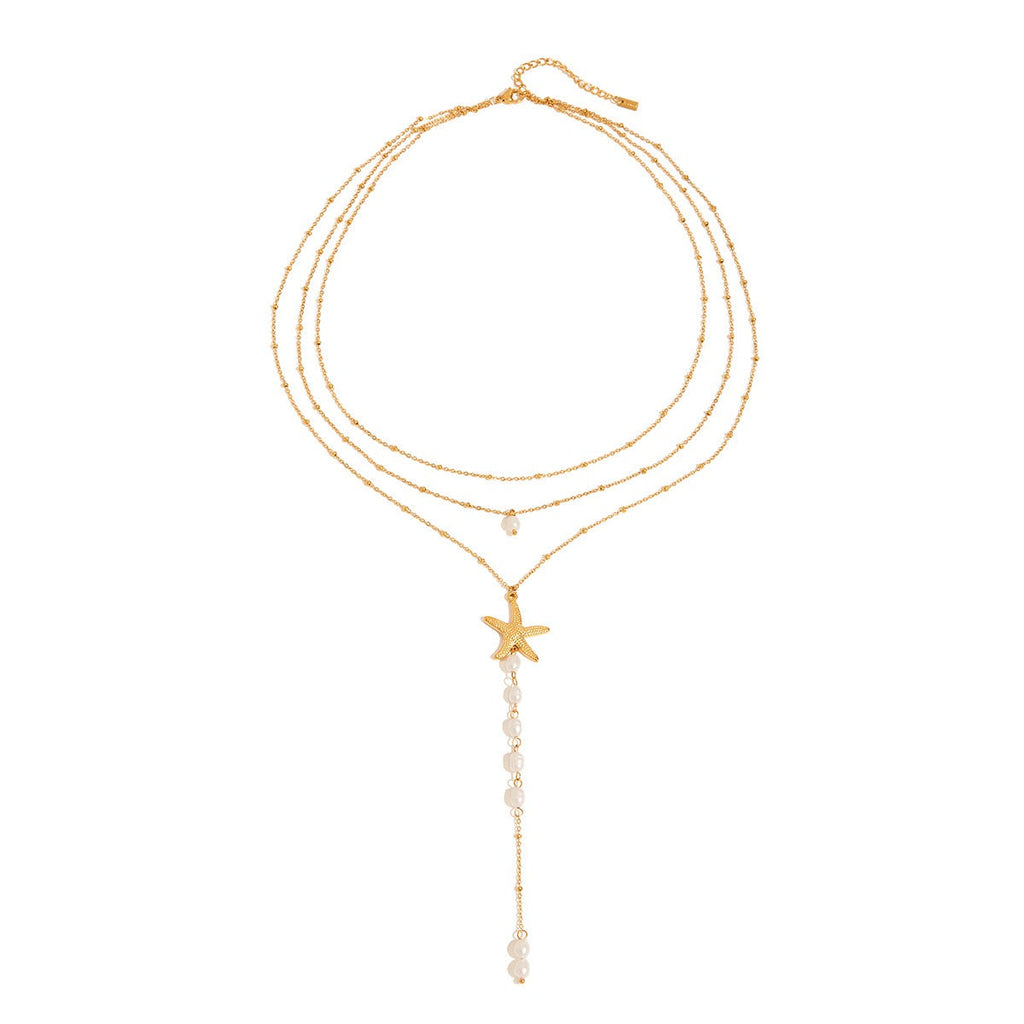 18K gold multi-layer chain with starfish and pearl tassel design exquisite and noble necklace Vera Lux