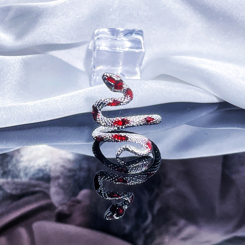 Vintage Silver Snake Ring With Red Zircon, Gothic Adjustable Coiled Serpent Statement Ring For Women Vera Lux