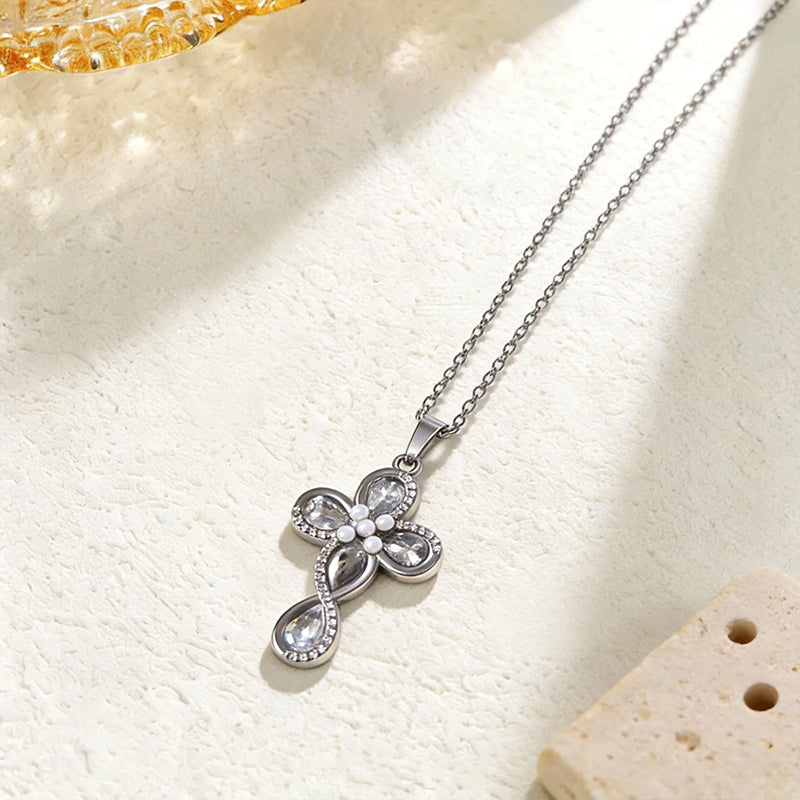 Stainless Steel Inlaid Rhinestone Cross Pendant Necklace Vera Lux