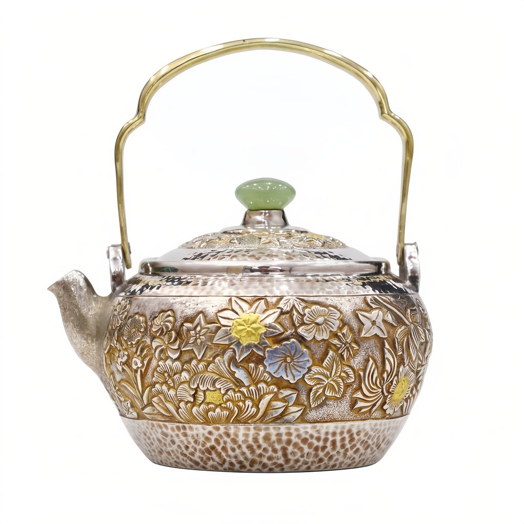 925 Sterling Silver Handcrafted Ornate Metal Teapot Featuring Jade Finial and Intricate Floral Carvings - Handicraft Vera Lux