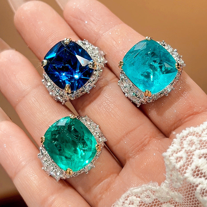 2026 New Zircon Ring For Women, Rectangular Simulated Sapphire & Paraiba Tourmaline, High-End Luxury Jewelry Vera Lux