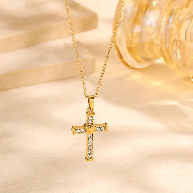 Stainless Steel Inlaid Rhinestone Heart-shaped Cross Pendant Necklace Vera Lux