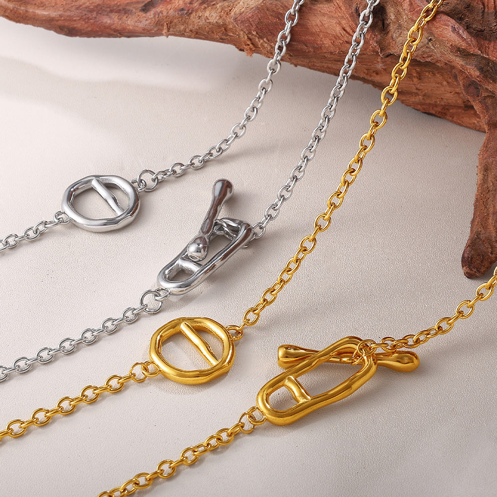 Japanese Style Minimalist Long Sweater Chain Necklace, Stainless Steel Pig Nose Pendant With OT Clasp, Fashion Simple Jewelry Vera Lux