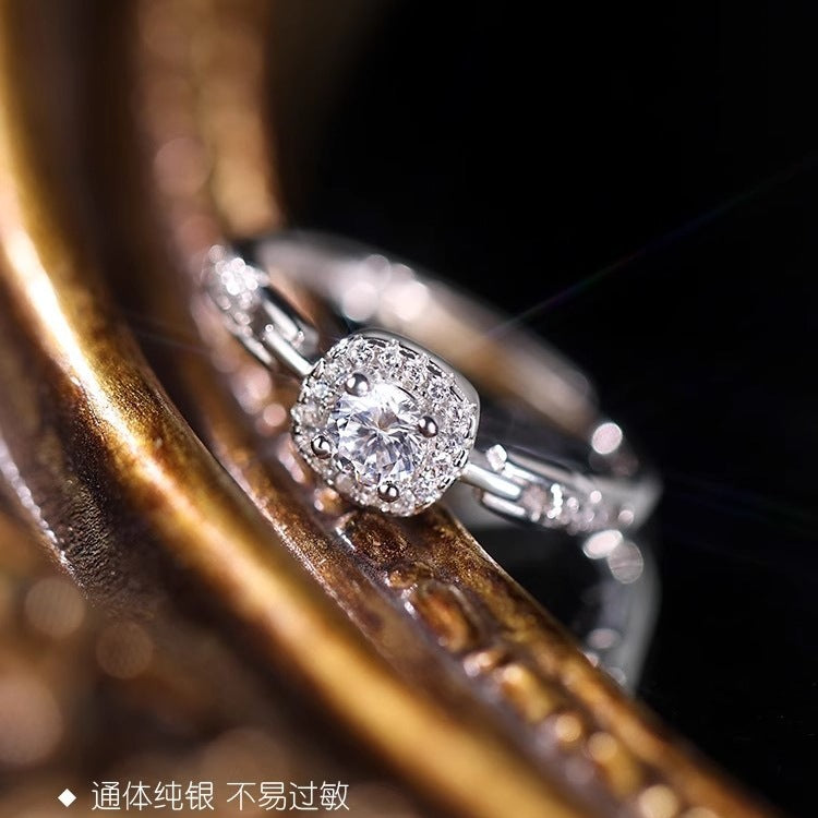 S999 Pure Silver Full Zircon Square Sugar Ring For Women, Niche INS Style, Light Luxury Premium Square Zircon Chain Index Finger Ring Vera Lux