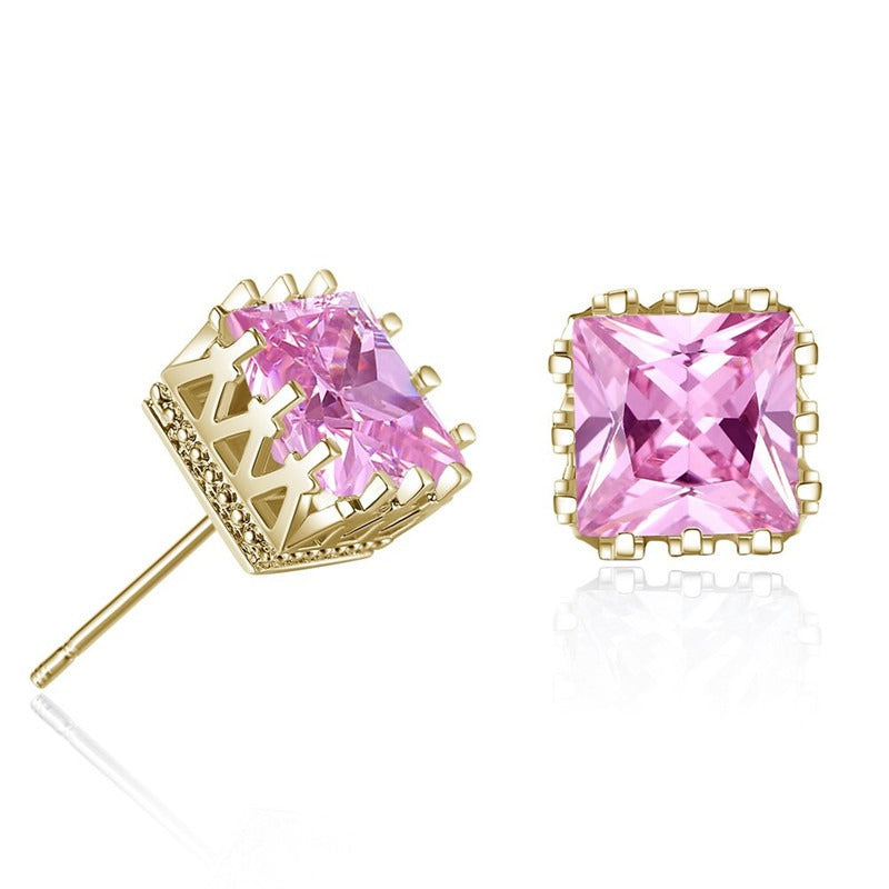 Crown-shaped openwork square zircon stud earrings Vera Lux