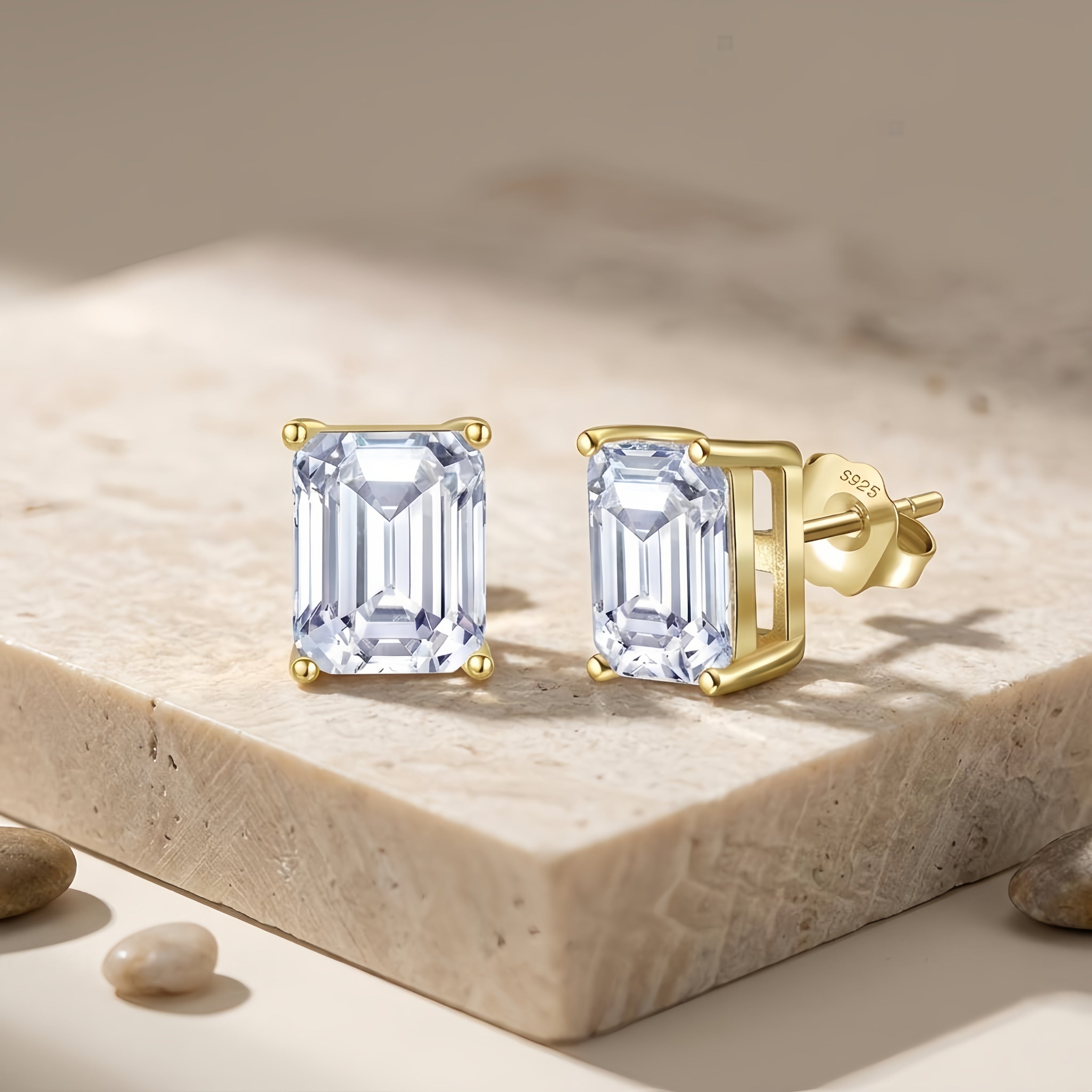 925 Sterling Silver Elegant Emerald Cut CZ Stud Earrings in Gold-Plated Sterling Vera Lux