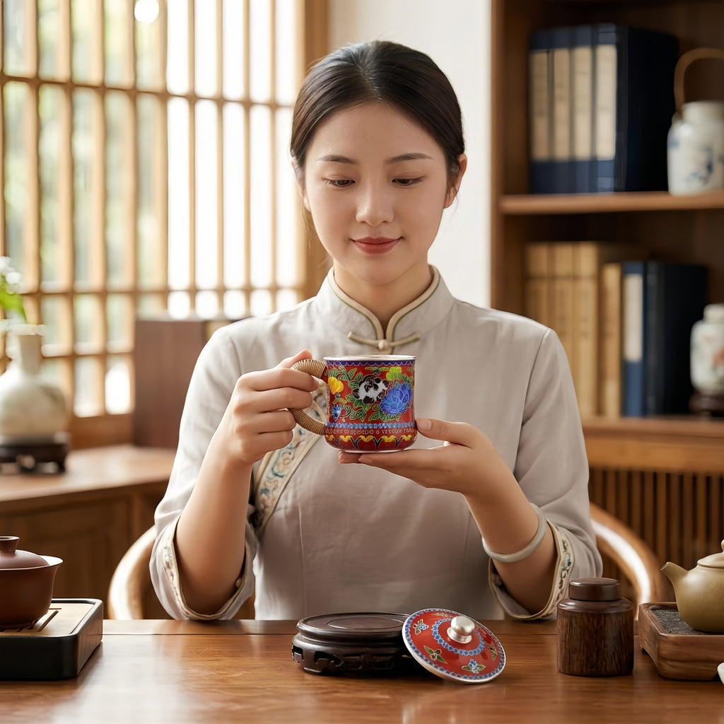 925 Sterling Silver Handcrafted Enamel Tea Cup with Bamboo Handle and Vibrant Floral Design-Premium Indigo Tea Mug - Handicraft Vera Lux