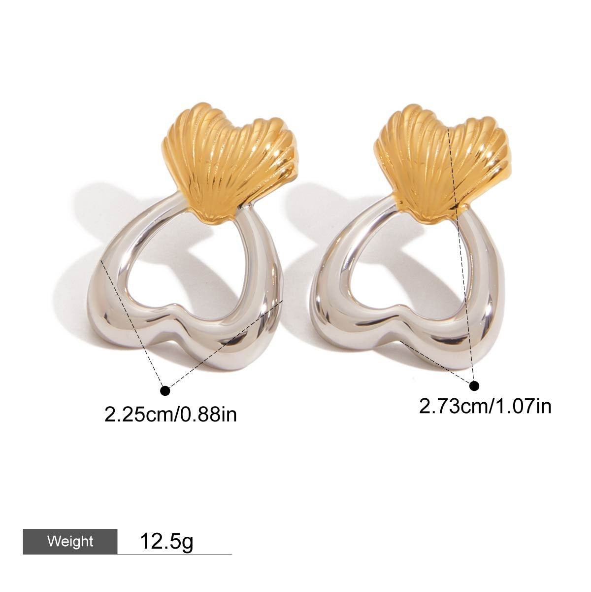 18K gold heart-shaped earrings with gold and silver color matching design, trendy and personalized Vera Lux